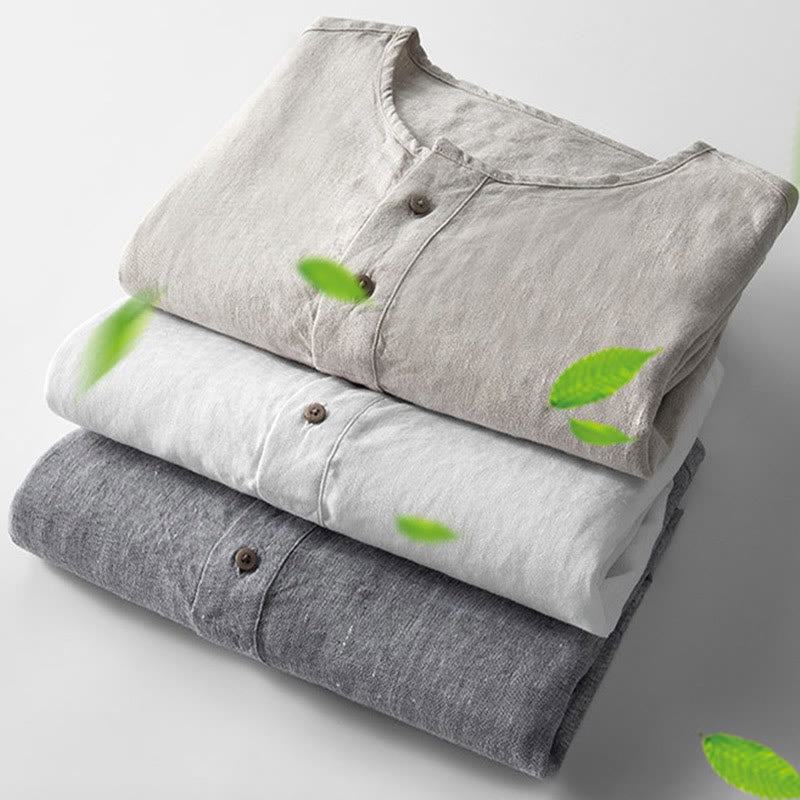 Solid Color Long Sleeve Button Shirt Linen Men Clothing
