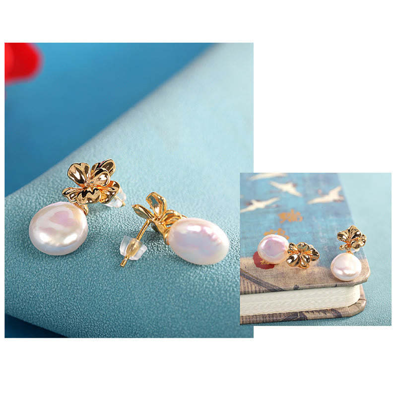 925 Sterling Silver Natural Baroque Pearl Flower Healing Drop Earrings