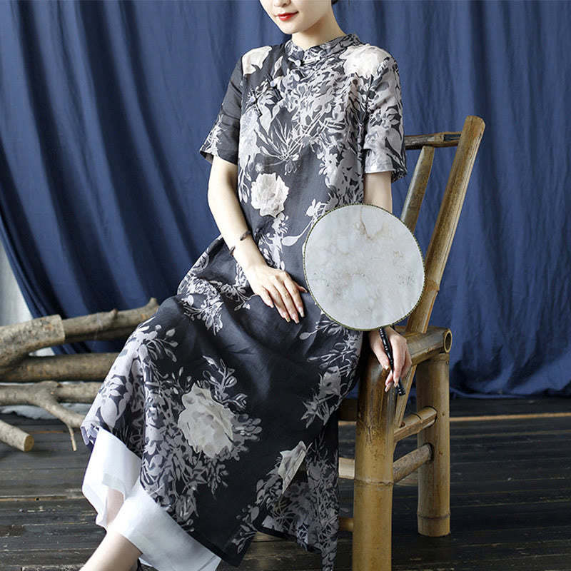 Ramie Linen Blue Flowers Leaves Cheongsam Dresses Short Sleeve Dress