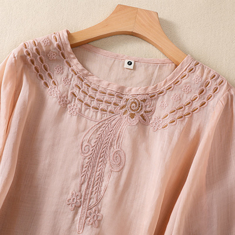 Women's Crew Neck Hollow Design Half Sleeve Cotton Linen Shirt