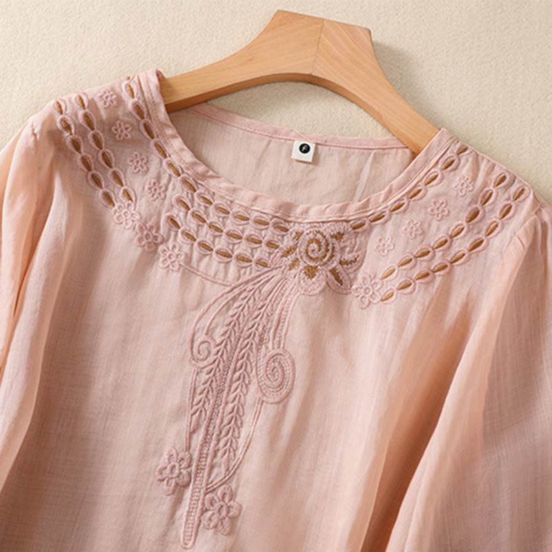 Women's Crew Neck Hollow Design Half Sleeve Cotton Linen Shirt