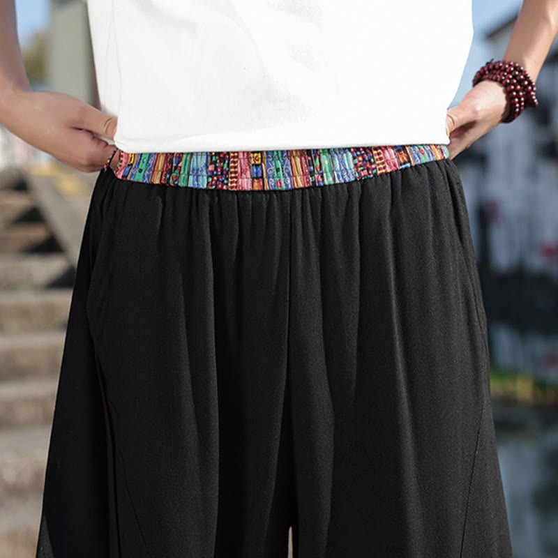 Simple Patchwork Design Drawstring Cotton Men's Wide Leg Pants With Pockets