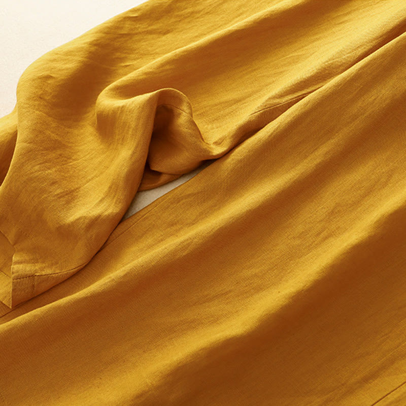 Casual Plain High Waist Women's Cotton Linen Wide Leg Pants With Pockets