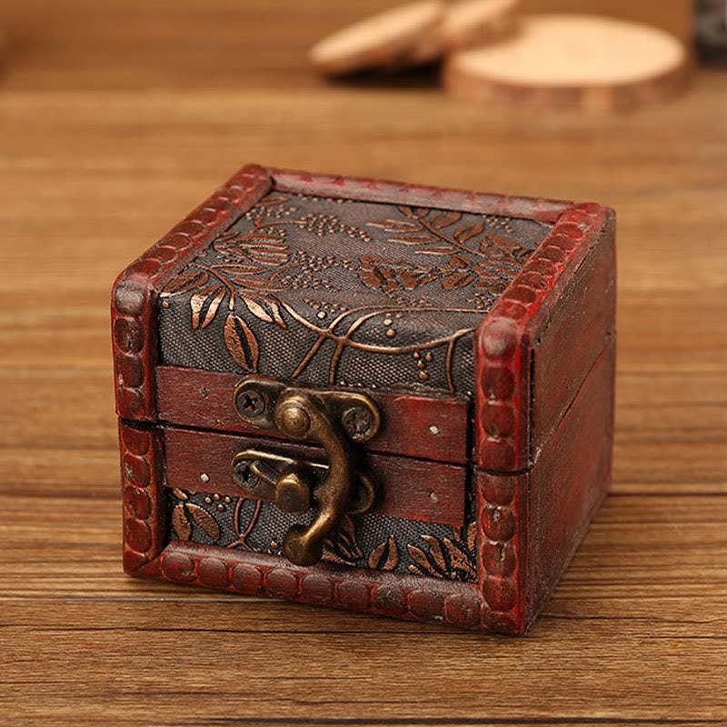 Retro Small Square Wood Jewelry Box Lotus Grass Flower Grape Copper Coin Daffodil Jewelry Storage Box