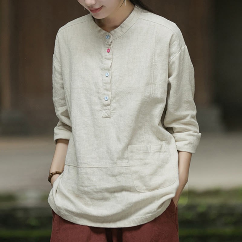 Solid Color Long Sleeve Ramie Linen Half Button Women's Shirt