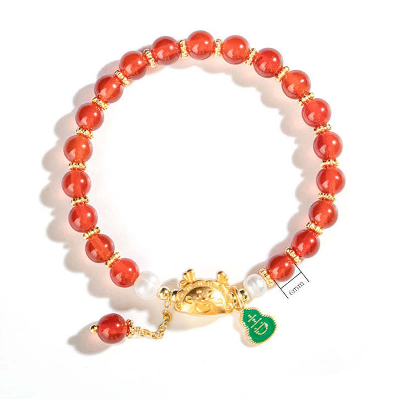 Year Of The Dragon Natural Red Agate Pink Crystal Black Onyx Dumpling Luck Fu Character Bracelet