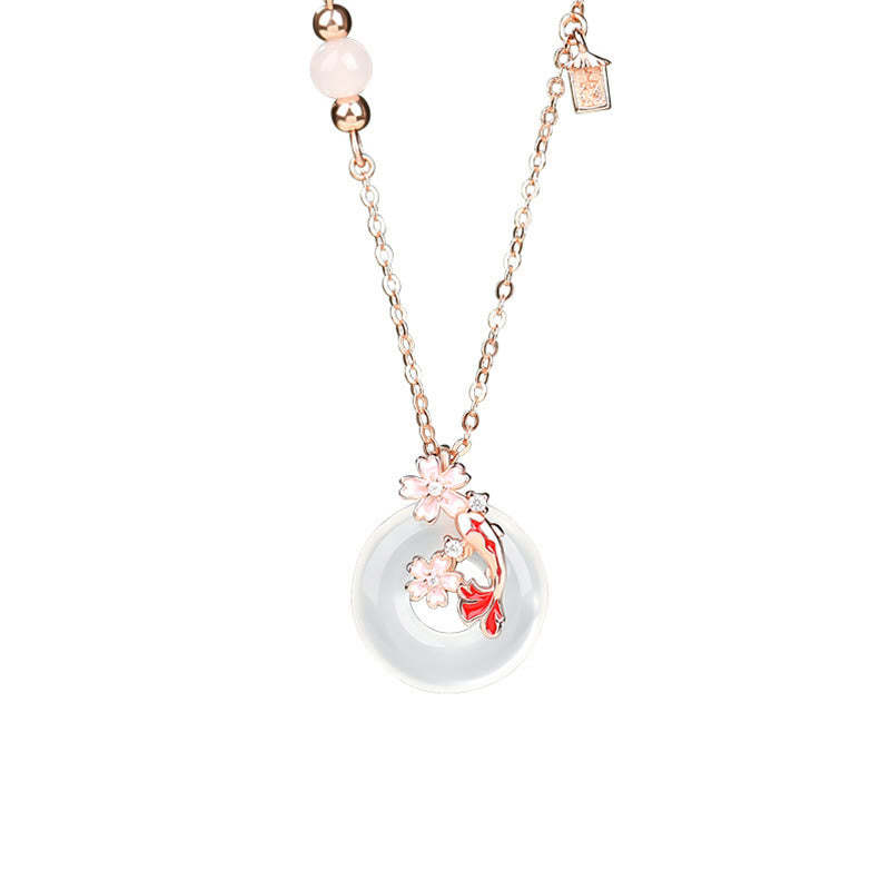 Chalcedony Pink Crystal 925 Sterling Silver Flowers Koi Fish Peace Buckle Positive Necklace Pendant