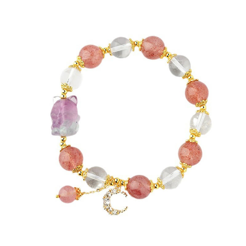 Natural White Strawberry Quartz Crystal Healing Love Nine-tailed Fox  Moon Pendant Bracelet