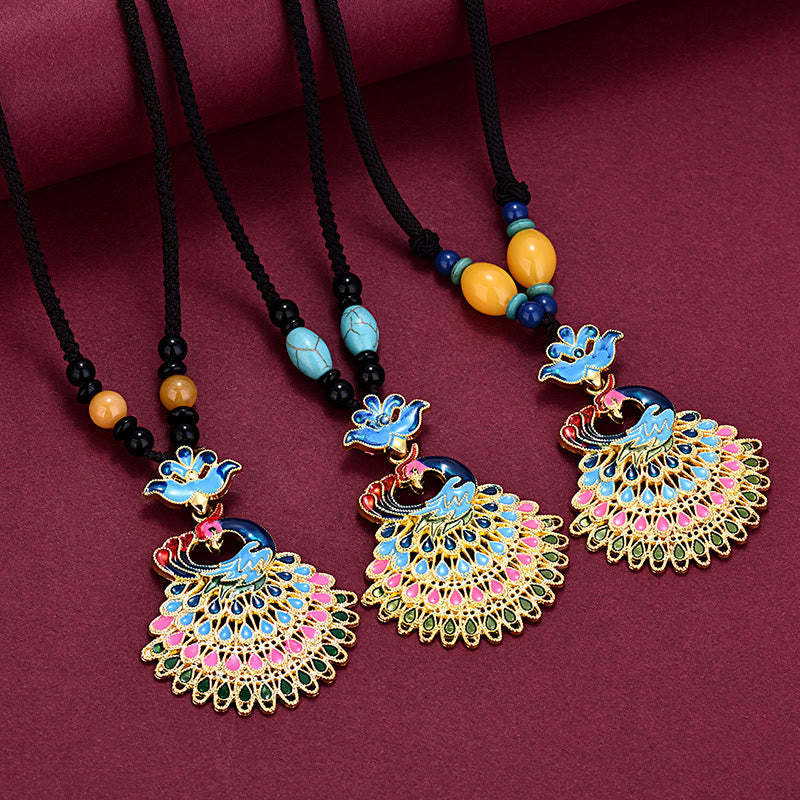 Colourful Peacock Amber Turquoise Agate Fortune Necklace Pendant