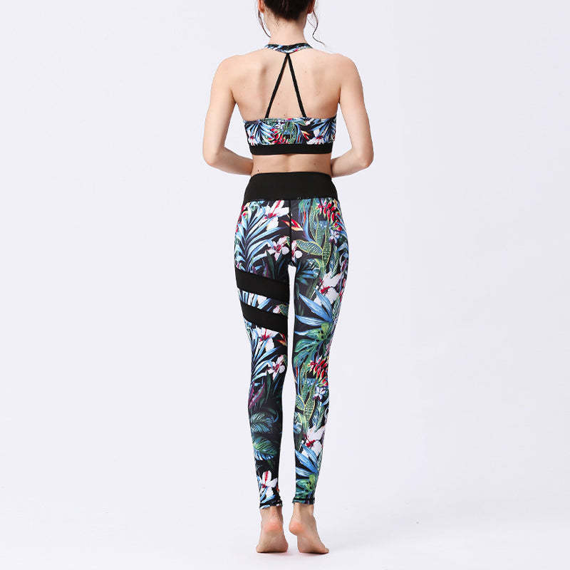 2Pcs Sunflower Flowers Leaves Print Top Pants Sports Fitness Yoga Women's Yoga Sets