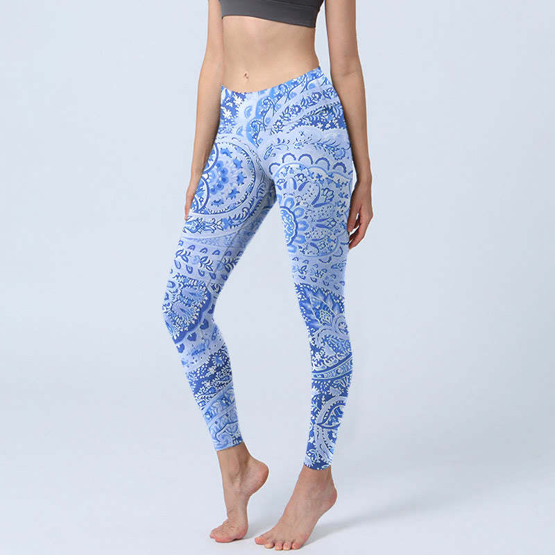 Persian Style RoyalBlue White Flowers Pattern Print Exercise Leggings Women's Yoga Pants
