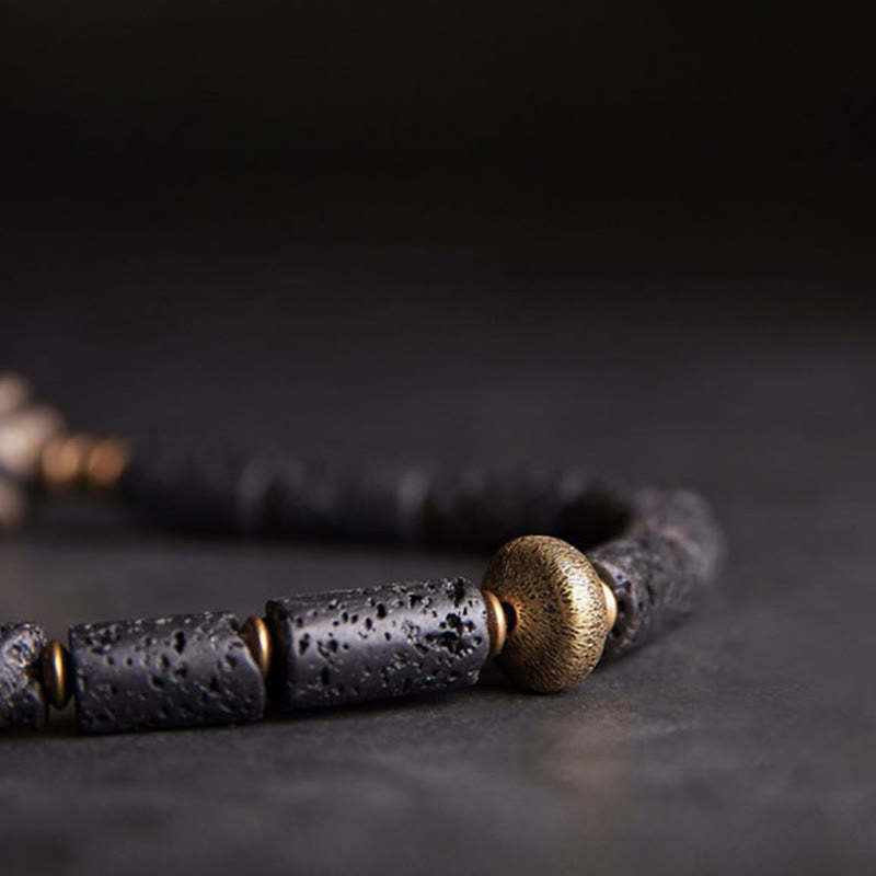 Vintage Lava Rock Three-eyed Dzi Bead Copper Brass Multi-turn Wrap Calm Bracelet