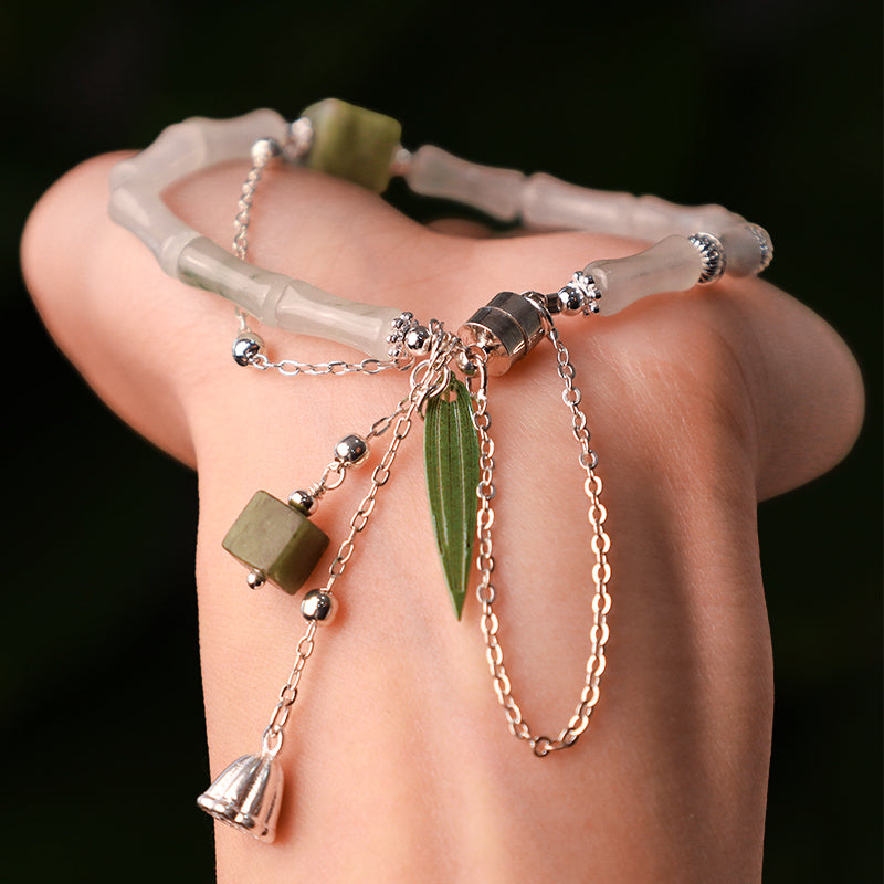 925 Sterling Silver Natural White Jade Bamboo Leaf Lantern Charm Happiness Bracelet
