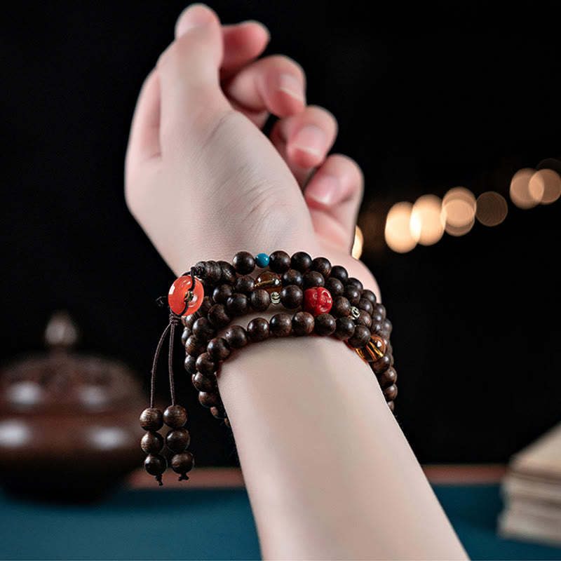 108 Mala Beads Kalimantan Agarwood Laughing mystic zen Peace Buckle Red Agate Jade Strength Bracelet