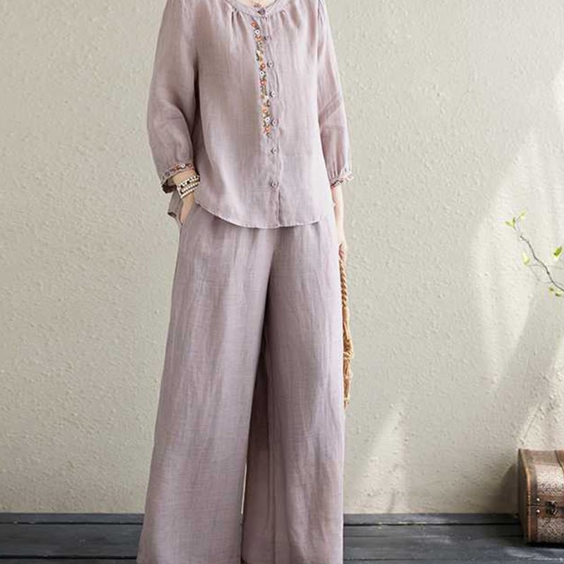2Pcs Cotton Embroidery Flowers Shirt Top Pants Meditation Zen Tai Chi Clothing Women's Set