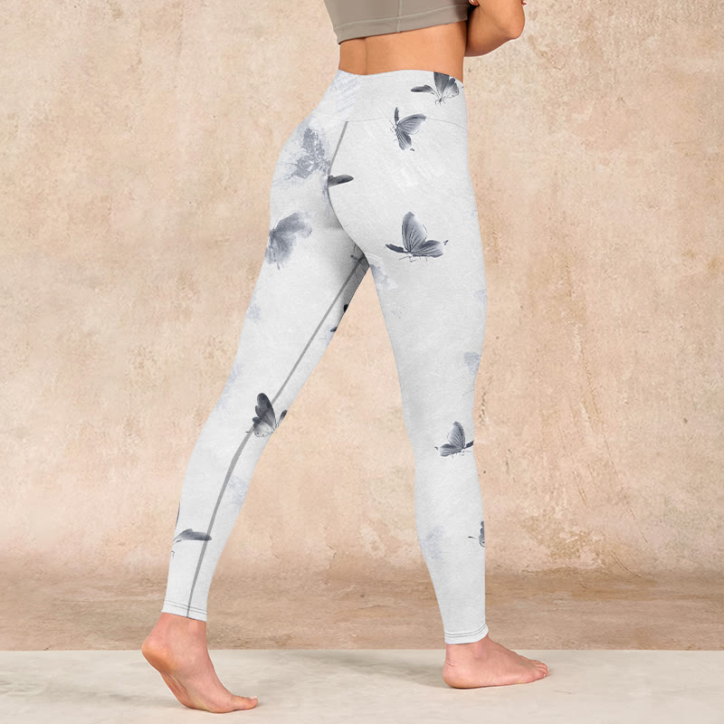 White Gray Butterfly Print Sports Leggings Women's Yoga Pants