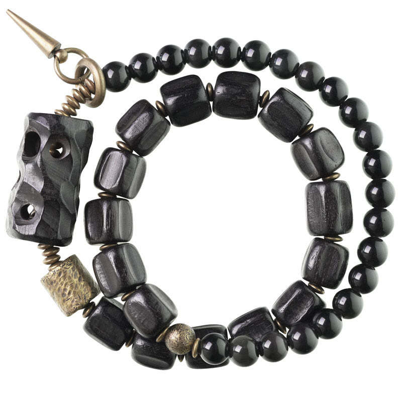 Ebony Wood Black Obsidian Copper Brass Peace Double Wrap Bracelet