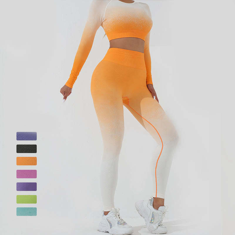 Gradient Long Sleeve Crop Top Tee Bra Leggings Pants Fitness Yoga Outfit