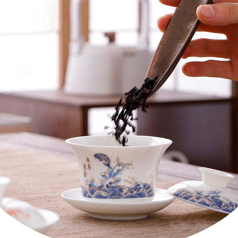 White Porcelain Mountain Landscape Countryside Ceramic Gaiwan Teacup Kung Fu Tea Cup And Saucer With Lid