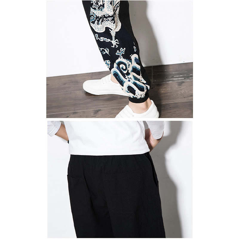 Summer Dragon Waves Cotton Men's Pants With Pockets