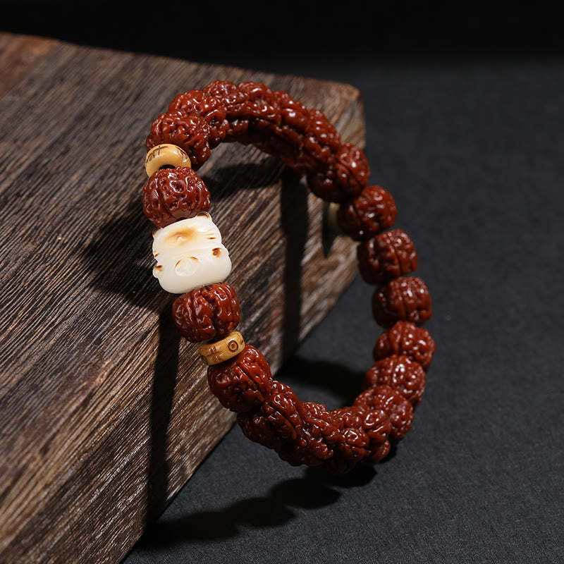 Tibet Rudraksha Bodhi Seed Dzi Bead Lucky Cat Dancing Lion Wealth Bracelet Wrist Mala