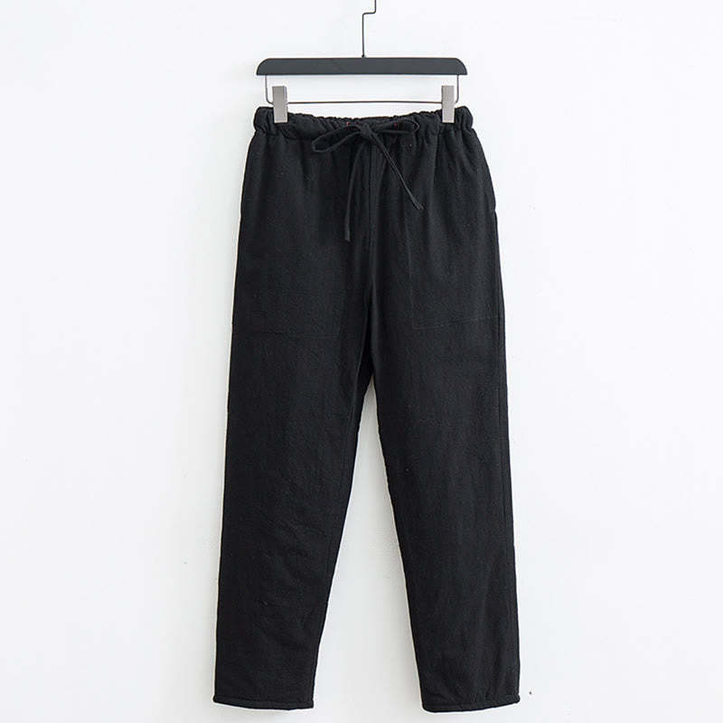 Winter Solid Men's Drawstring Cotton Fleece Lined Pants With Pockets