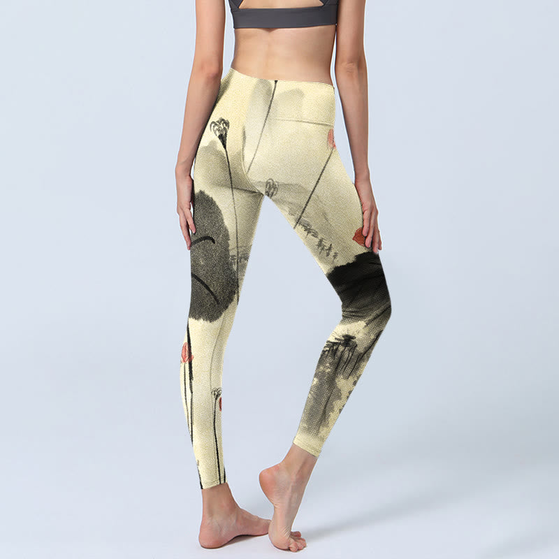 Lotus Mountains House Print Gym Leggings Women's Yoga Pants