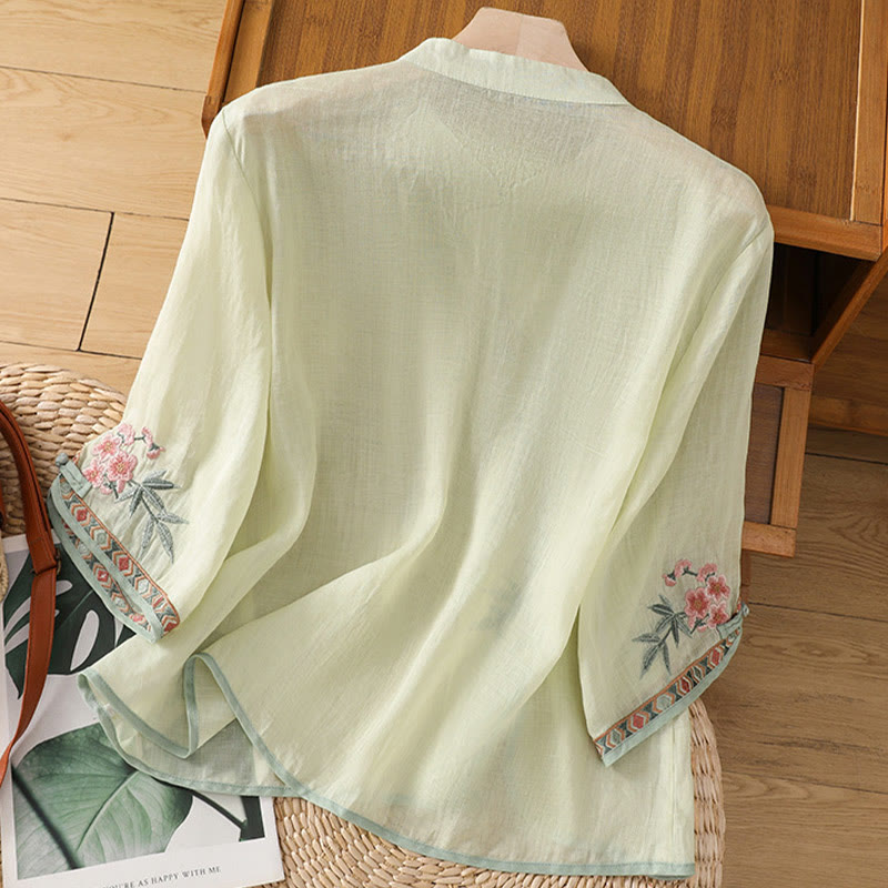 Casual Embroidered Flower Stand Collar Design Three Quarter Sleeve Women's Cotton Linen Shirt