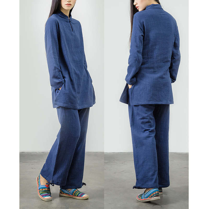 2Pcs Tang Suit Frog-Button Shirt Top Pants Meditation Zen Tai Chi Cotton Linen Clothing Women's Set