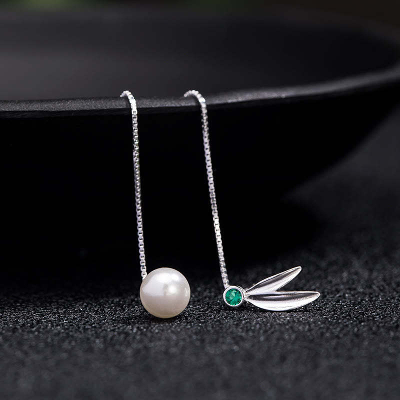 925 Sterling Silver Zircon Pearl Bamboo Leaves Protection Drop Earrings