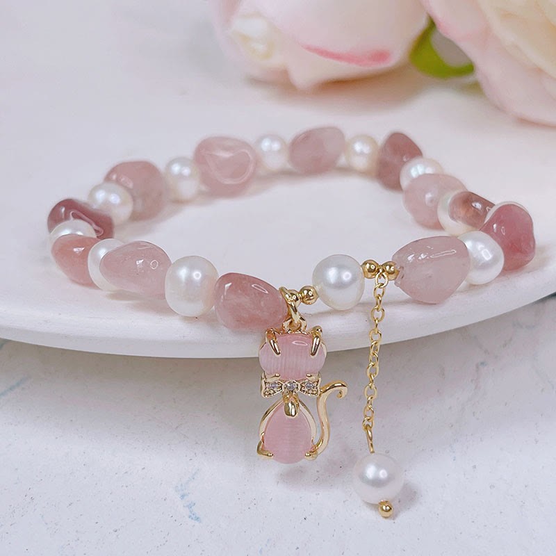 Natural Strawberry Quartz Pearl Cat Positive Bracelet