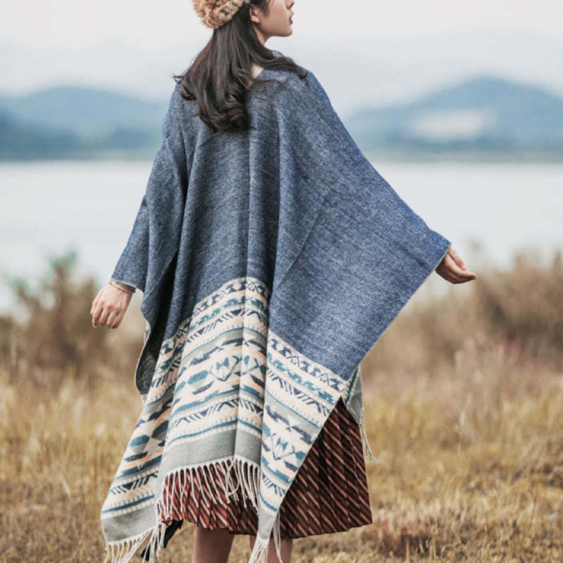 Tibetan Geometric Rhombus Pattern Tassels Shawl Fall Winter Warm Cozy Scarf Wrap