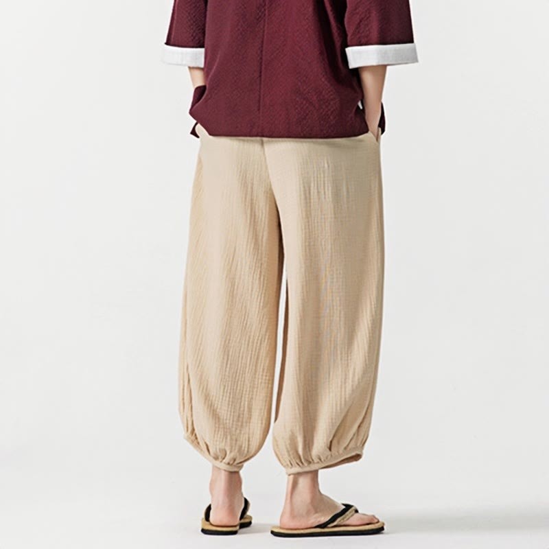 Soft Solid Color Drawstring Cotton Men's Pants With Pockets