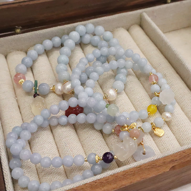 Natural Aquamarine Chalcedony Serenity Rabbit Gourd Cat Charm Bracelet