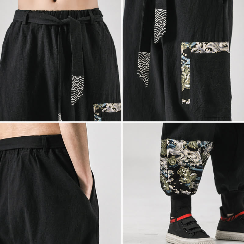 Ocean Waves Lace-up Cotton Men's Harem Pants With Pockets