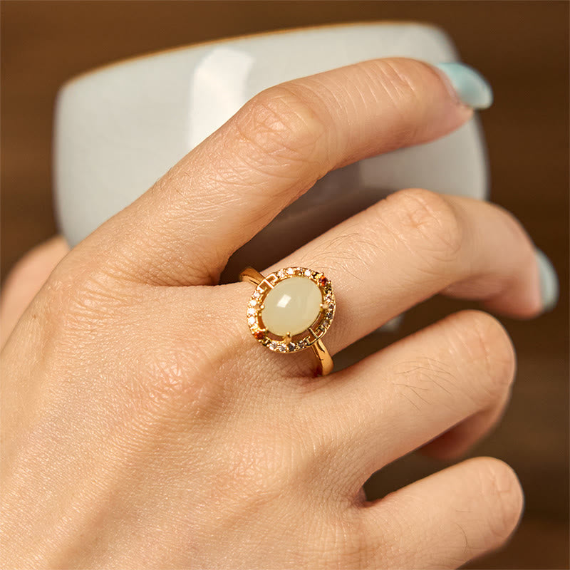 Natural Hetian Jade Zirconia Egg Copper Open Luck Ring