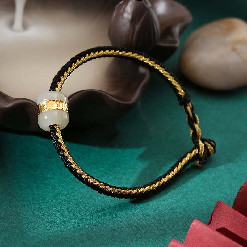999 Gold Hetian White Jade Om Mani Padme Hum Fu Character Luck Braided Bracelet