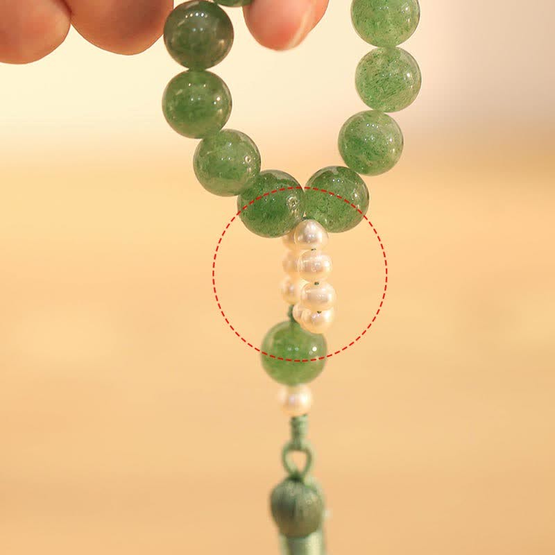 Green Strawberry Quartz Pearl Soothing Wrist Mala