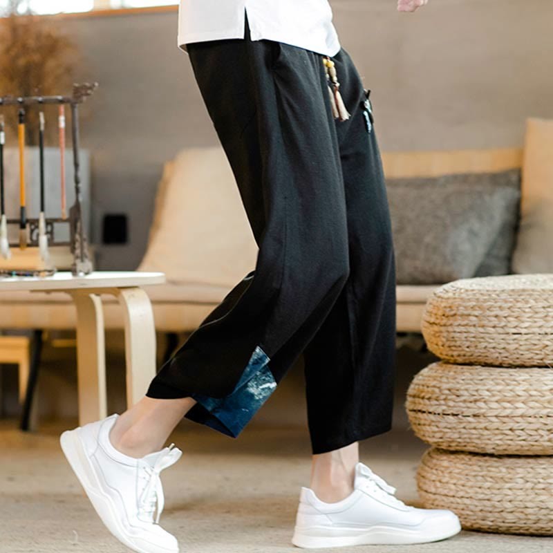 Patchwork Design Drawstring Cotton Men's Cropped Pants With Pockets