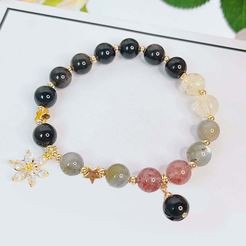 Natural Silver Sheen Obsidian Love Heart Star Flower Protection Bracelet (Extra 30% Off | USE CODE: FS30)