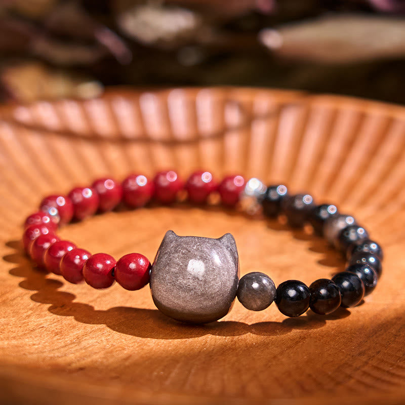 Black Obsidian Cinnabar Silver Sheen Obsidian Cat Fulfilment Bracelet