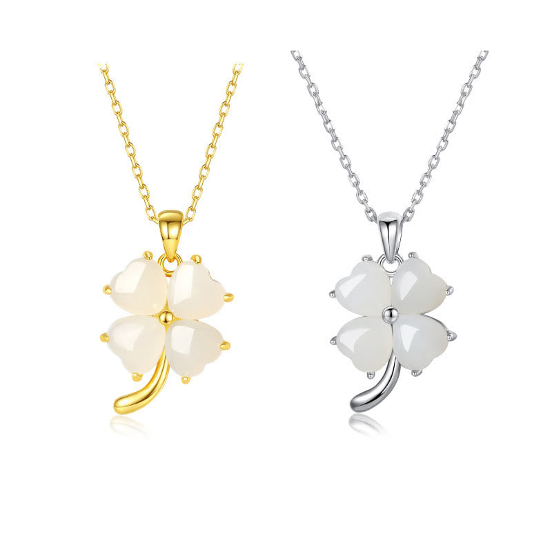 Hetian Jade 925 Sterling Silver Four Leaf Clover Necklace Pendant