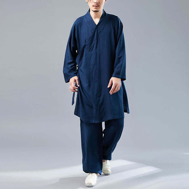 2Pcs V-Neck Men's Long Sleeve Shirt Top Pants Meditation Zen Tai Chi Cotton Linen Clothing Set