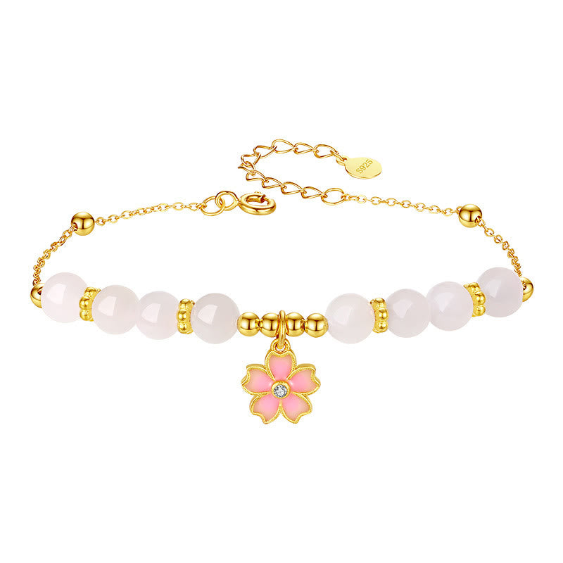 925 Sterling Silver Hetian White Jade Cherry Blossom Protection Bracelet