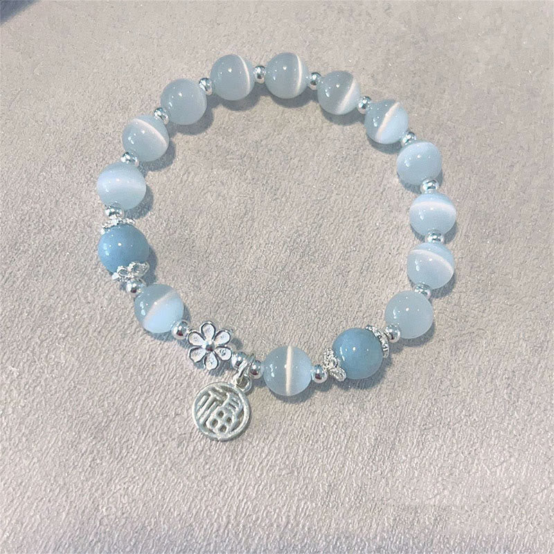Cat's Eye Crystal Peach Blossom Bell Fu Character Charm Support Bracelet