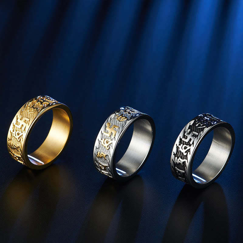 Six True Words Om Mani Padme Hum Swastika Titanium Steel Peace Ring