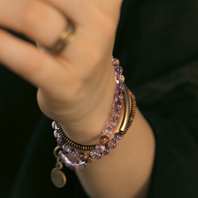 Purple Phantom Red Hematoid Quartz Green Rutilated Quartz Copper Love Forgive Bracelet
