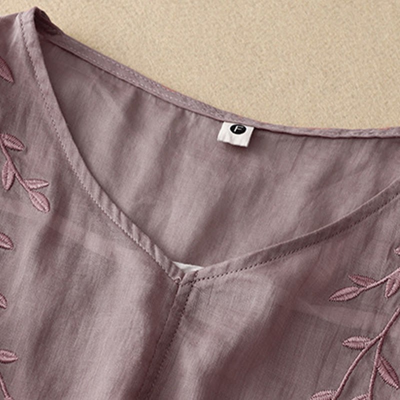 Casual Plain Embroidery Willow Leaf Half Sleeve V-neck Women's Shirt