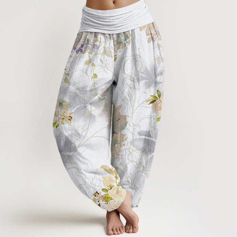 Various Flowers Leaves Pattern Women's Elastic Waist Harem Pants