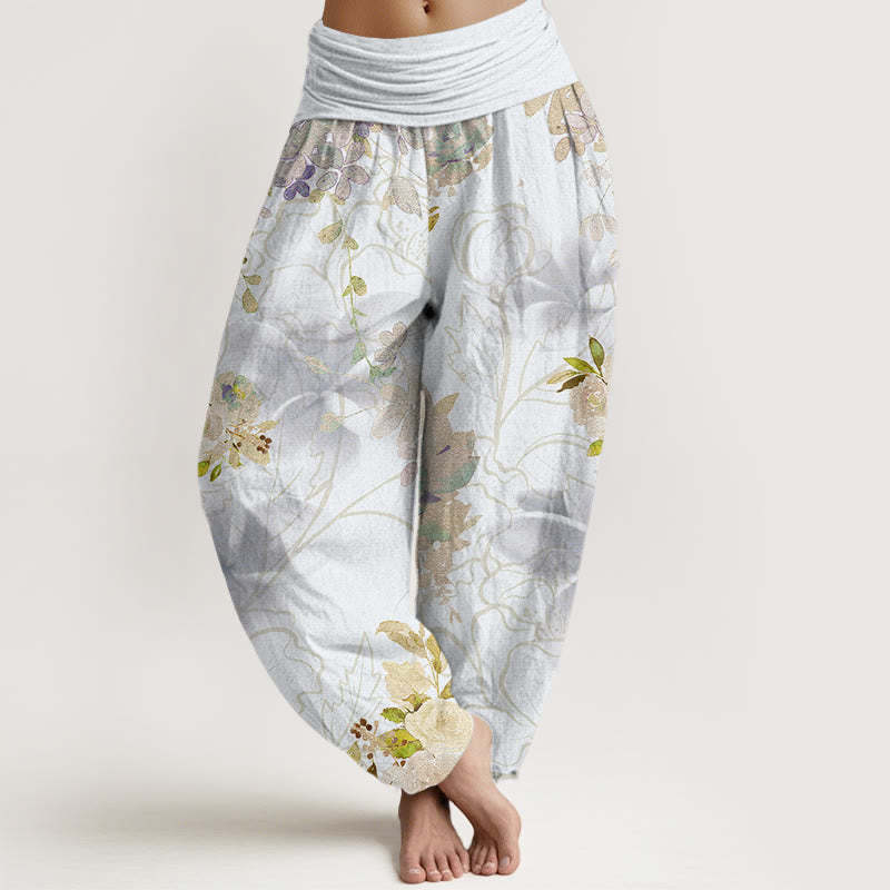 Various Flowers Leaves Pattern Women's Elastic Waist Harem Pants